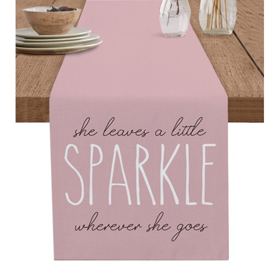 Table Runner Dresser Scarves 36 Inch Long, White and Black Word on Pink Linen Dining Table Runners Positive Sparkle Quote Tabletop Scarf for Wedding Holiday Party Kitchen