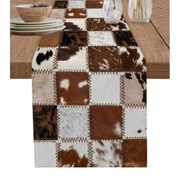 Table Runner Dresser Scarves 48 Inch Long,Abstract Cow Fur Stitched Texture Linen Dining Table Runners Western Cowboy Tabletop Scarf for Wedding Holiday Party Kitchen