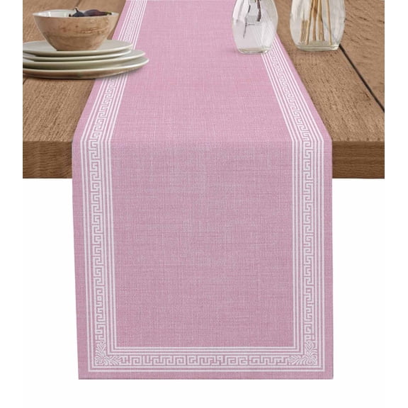 Table Runner Dresser Scarves 48 Inch Long,Abstract Greek Inspired Key Pattern Linen Dining Table Runners Twist Stripe on Pink Tabletop Scarf for Wedding Holiday Party Kitchen