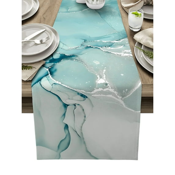 Table Runner Dresser Scarves 48 Inch Long, Abstract Marble Linen Dining Table Runners Blue Green Jade Texture Purple and Gold Line Tabletop Scarf for Wedding Holiday Party Kitchen