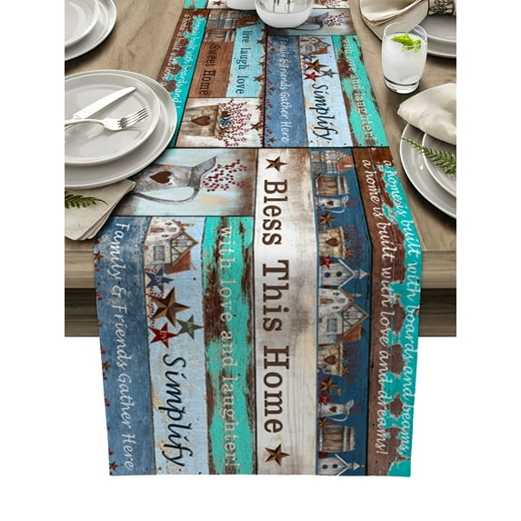 Table Runner Dresser Scarves 48 Inch Long, American Farm Country Star Berry Linen Dining Table Runners Vintage Watercolor Wood Grain Tabletop Scarf for Wedding Holiday Party Kitchen
