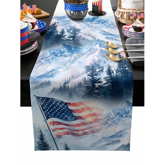 Table Runner Dresser Scarves 48 Inch Long,American National Flag on Mountain Linen Dining Table Runners Watercolor Forest Landscape Tabletop Scarf for Wedding Holiday Party Kitchen