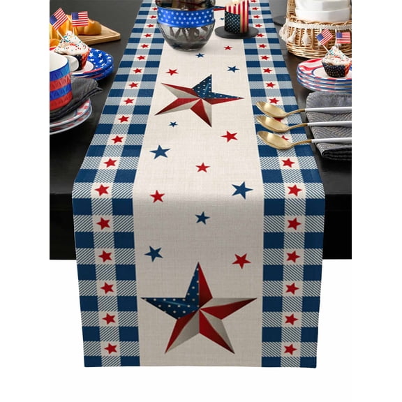 Table Runner Dresser Scarves 48 Inch Long,American National Flag Star Bule Buffalo Lattice Linen Dining Table Runners Farm Retro Burlap Tabletop Scarf for Wedding Holiday Party Kitchen