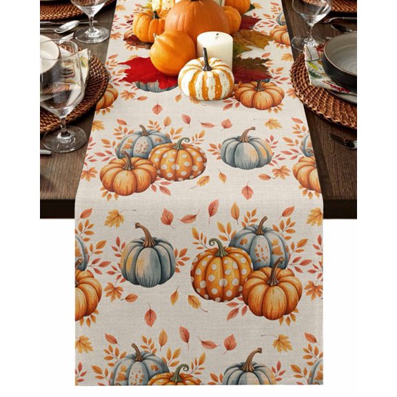 Table Runner Dresser Scarves 48 Inch Long,Autumn Thanksgiving Farm Pumpkin Linen Dining Table Runners Fall Maple Leaves Burlap Tabletop Scarf for Wedding Holiday Party Kitchen
