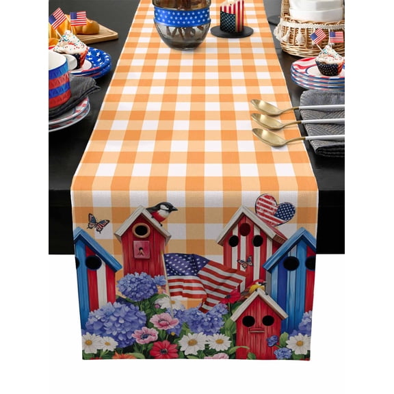 Table Runner Dresser Scarves 48 Inch Long,Bird House Floral Flag on Yellow Buffalo Linen Dining Table Runners 4th of July Butterfly Tabletop Scarf for Wedding Holiday Party Kitchen