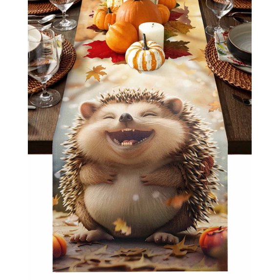 Table Runner Dresser Scarves 48 Inch Long,Cartoon Hedgehog Autumn Maple Leaves Pumpkin Linen Dining Table Runners