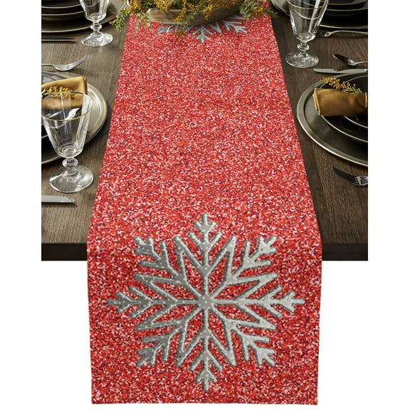 Table Runner Dresser Scarves 48 Inch Long, Christmas Winter Silver Snowflake Linen Dining Table Runners Shining Glitter Red Back Tabletop Scarf for Wedding Holiday Party Kitchen