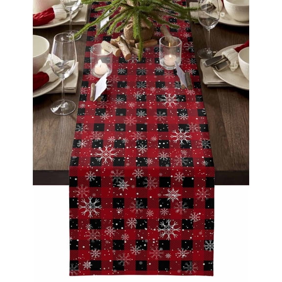 Table Runner Dresser Scarves 48 Inch Long,Classic Black and Red Buffalo Plaid Linen Dining Table Runners