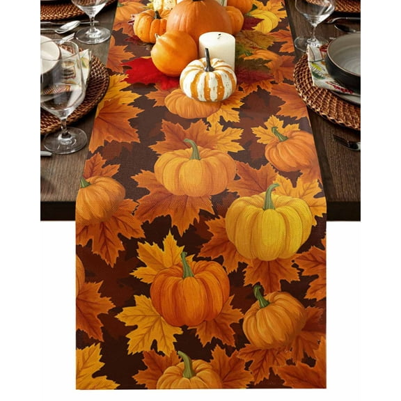 Table Runner Dresser Scarves 48 Inch Long,Fall Harvest Pumpkin Maple Leaves Linen Dining Table Runners Thanksgiving Orange Tabletop Scarf for Wedding Holiday Party Kitchen