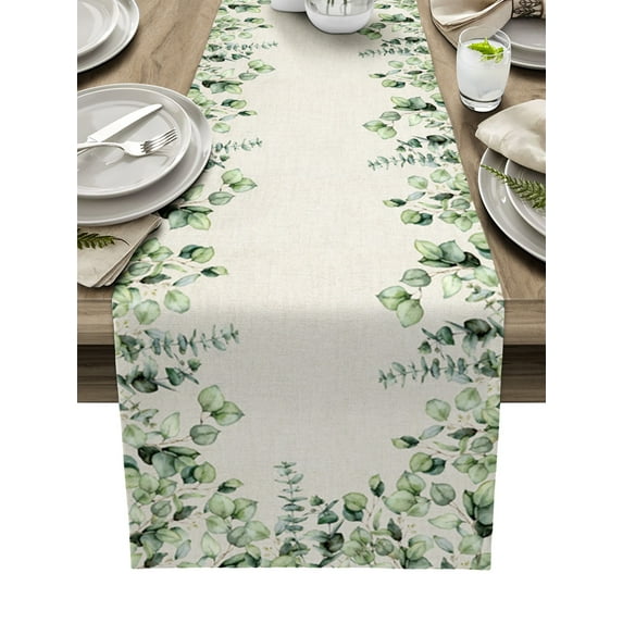 Table Runner Dresser Scarves 48 Inch Long, Farm Eucalyptus Leaves Border Linen Dining Table Runners Vintage Linen Tabletop Scarf for Wedding Holiday Party Kitchen