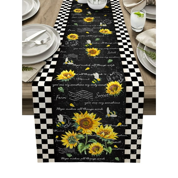 Table Runner Dresser Scarves 48 Inch Long, Farm My Sunflower Bee Linen Dining Table Runners Vintage Black White Buffalo Checkered Tabletop Scarf for Wedding Holiday Party Kitchen