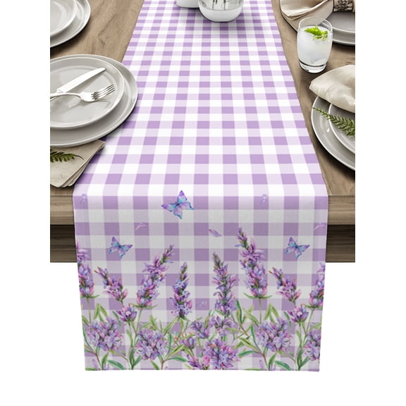 Table Runner Dresser Scarves 48 Inch Long, Garden Lavender Flower Butterfly Linen Dining Table Runners Watercolor Floral on Purple Grid Tabletop Scarf for Wedding Holiday Party Kitchen