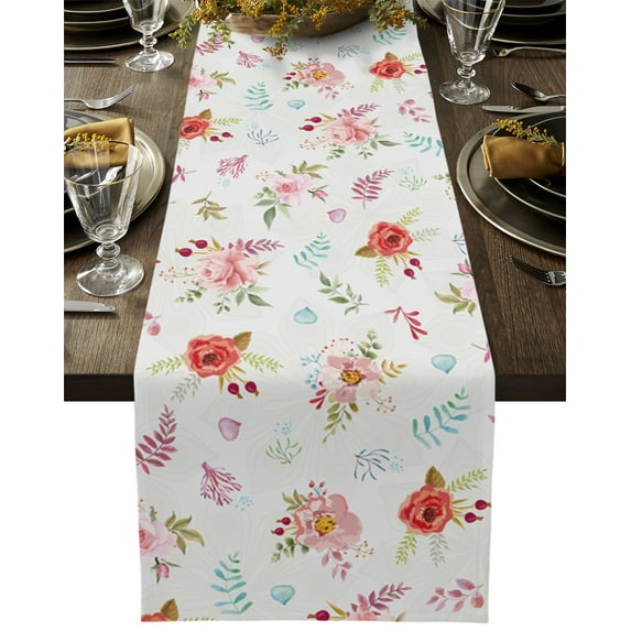 Table Runner Dresser Scarves 48 Inch Long, Garden Watercolor Blossom Flower Linen Dining Table Runners Botanical Leaves Floral Texture Tabletop Scarf for Wedding Holiday Party Kitchen