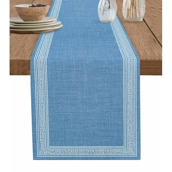 Table Runner Dresser Scarves 48 Inch Long,Greece Sky Blue Key Design Linen Dining Table Runners Farm Linen Geometric Art Tabletop Scarf for Wedding Holiday Party Kitchen