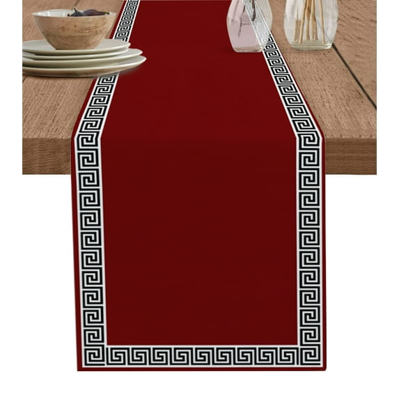 Table Runner Dresser Scarves 48 Inch Long, Greek Geometric Inspired Twist Line Linen Dining Table Runners Abstract Key Pattern on Red Tabletop Scarf for Wedding Holiday Party Kitchen
