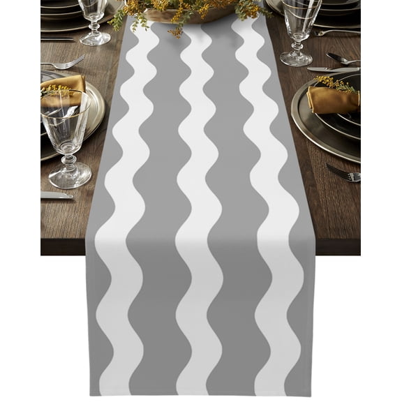 Table Runner Dresser Scarves 48 Inch Long, Grey White Abstract Sea Wave Linen Dining Table Runners Minimalist Geometry Stripe Art Tabletop Scarf for Wedding Holiday Party Kitchen
