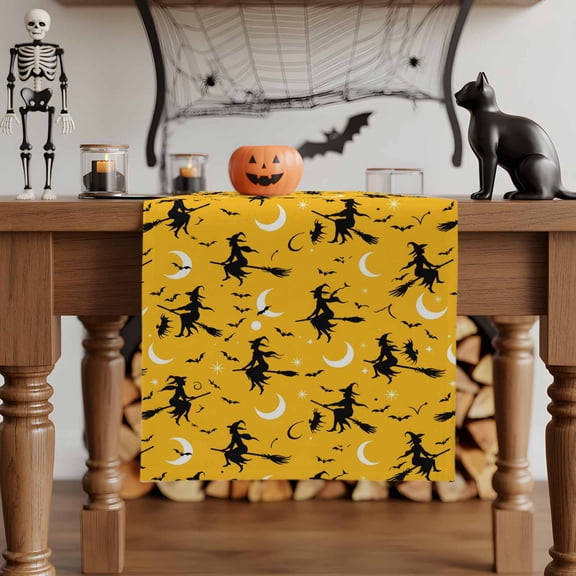 Table Runner Dresser Scarves 48 Inch Long,Halloween Cartoon Witch Linen Dining Table Runners Autumn Moon on Yellow Tabletop Scarf for Wedding Holiday Party Kitchen