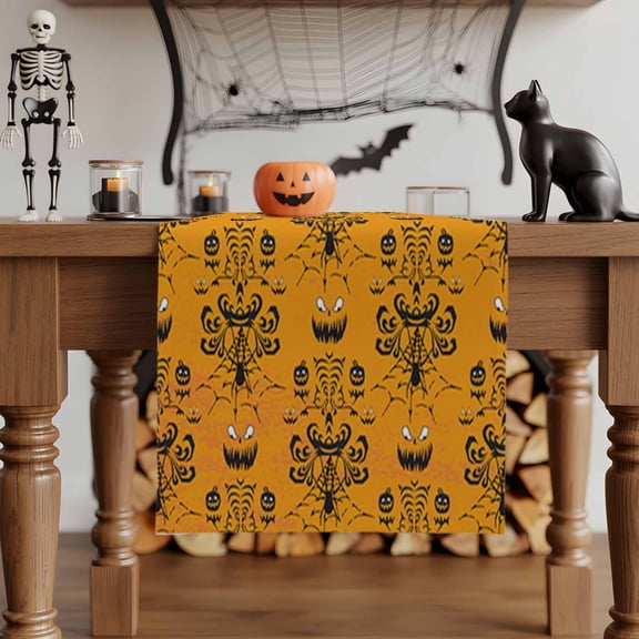 Table Runner Dresser Scarves 48 Inch Long,Halloween Haunted Pumpkin on Orange Linen Dining Table Runners Spiders- Web Damask Flower Seamless Tabletop Scarf for Wedding Holiday Party Kitchen