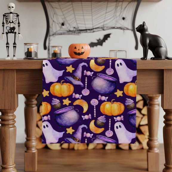 Table Runner Dresser Scarves 48 Inch Long,Halloween Pumpkin Ghost Candy Linen Dining Table Runners Witch Hat Potion Purple Orange Tabletop Scarf for Wedding Holiday Party Kitchen