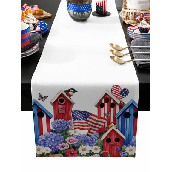 Table Runner Dresser Scarves 48 Inch Long,Independence Day Birdhouse Butterfly Flowers Linen Dining Table Runners USA Flag Theme Tabletop Scarf for Wedding Holiday Party Kitchen