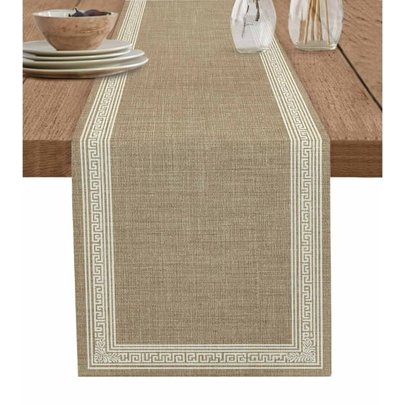 Table Runner Dresser Scarves 48 Inch Long,Key Design Vintage Light Brown Linen Dining Table Runners Greece Inspired Pattern Flax Tabletop Scarf for Wedding Holiday Party Kitchen