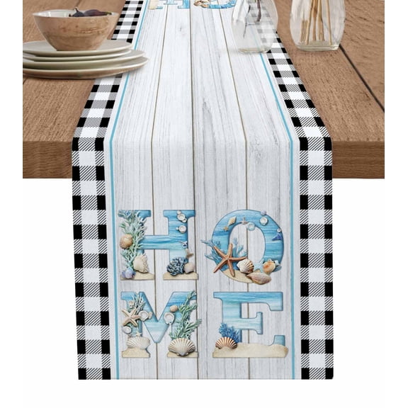 Table Runner Dresser Scarves 48 Inch Long,Marine Coral Starfish Shell Home Quote Linen Dining Table Runners Retro Wood Classic Plaid Tabletop Scarf for Wedding Holiday Party Kitchen