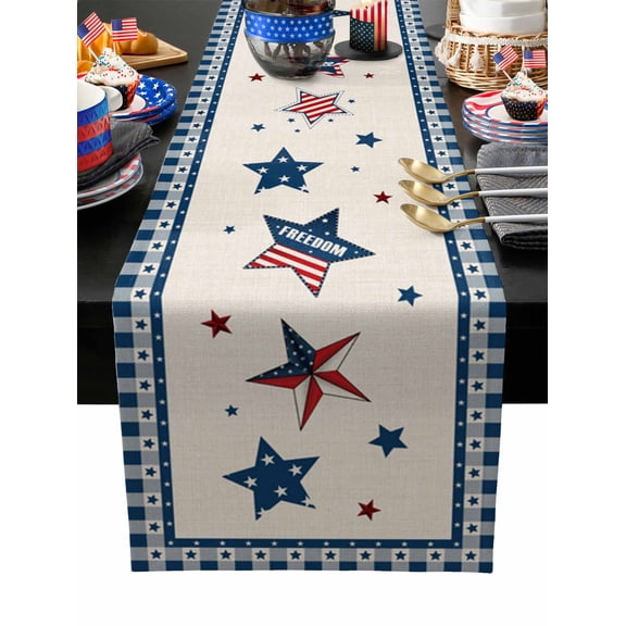 Table Runner Dresser Scarves 48 Inch Long,Memorial Day Freedom Star on Burlap Linen Dining Table Runners Independence Blue Checker Grid Tabletop Scarf for Wedding Holiday Party Kitchen