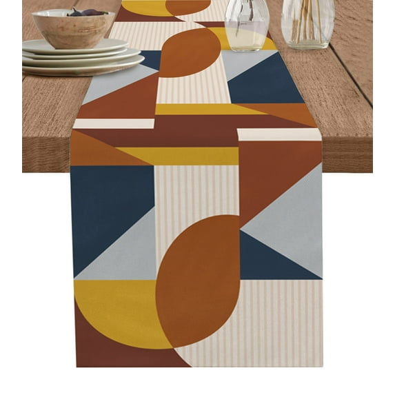 Table Runner Dresser Scarves 48 Inch Long, Mid Century Brown Grey Yellow Geometric Linen Dining Table Runners Abstract Color Blocks Tabletop Scarf for Wedding Holiday Party Kitchen
