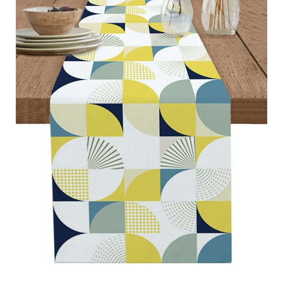 Table Runner Dresser Scarves 48 Inch Long, Mid Century Geometric Splicing Art Linen Dining Table Runners Circle Square with Stripe Dot Tabletop Scarf for Wedding Holiday Party Kitchen