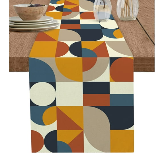 Table Runner Dresser Scarves 48 Inch Long, Mid Century Nordic Geometric Art Linen Dining Table Runners Splicing Circle and Square Tabletop Scarf for Wedding Holiday Party Kitchen