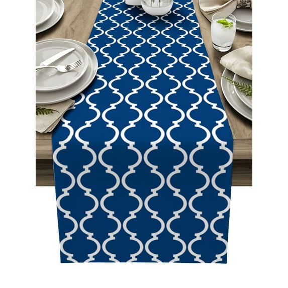 Table Runner Dresser Scarves 48 Inch Long, Moroccan Trellis Navy Blue Linen Dining Table Runners Geometric Chic Plaid Tabletop Scarf for Wedding Holiday Party Kitchen