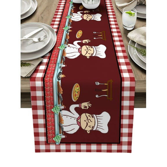 Table Runner Dresser Scarves 48 Inch Long, Red Retro Chef with Folk Cooking Food Linen Dining Table Runners Buffalo Plaid Frame Tabletop Scarf for Wedding Holiday Party Kitchen