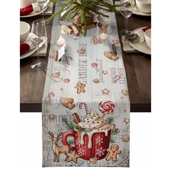 Table Runner Dresser Scarves 48 Inch Long,Retro Christmas Gingerbread Man Linen Dining Table Runners