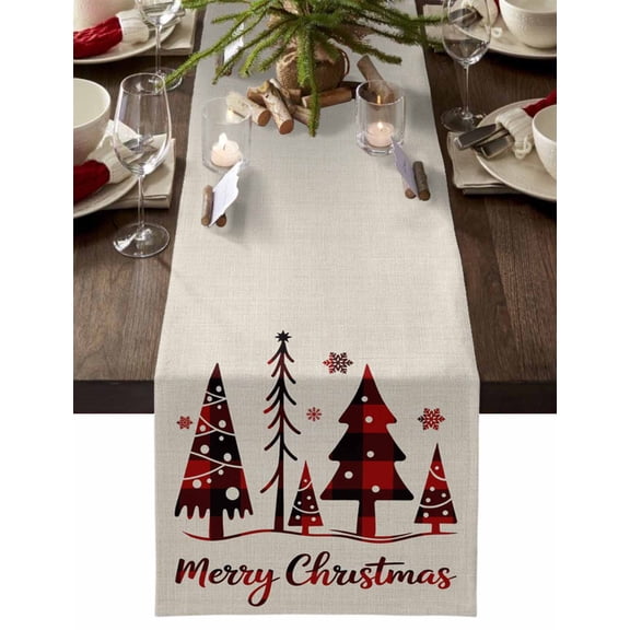 Table Runner Dresser Scarves 48 Inch Long,Retro Red Black Plaid Lattice Xmas Tree Linen Dining Table Runners