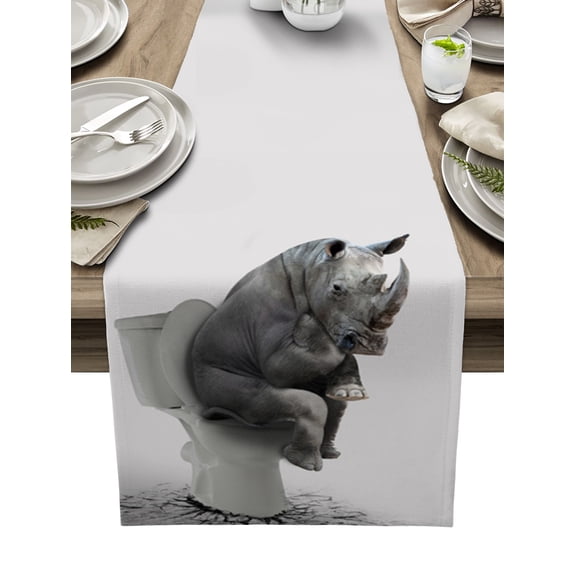 Table Runner Dresser Scarves 48 Inch Long, Rhinoceros Sitting on the Toilet Linen Dining Table Runners Gray Funny Animals Art Tabletop Scarf for Wedding Holiday Party Kitchen