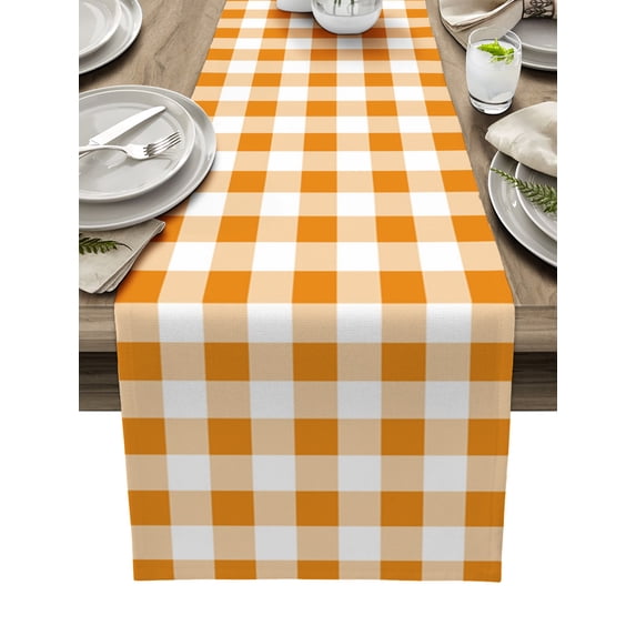 Table Runner Dresser Scarves 48 Inch Long, Rural Farmhouse Buffalo Plaid Linen Dining Table Runners Orange White Lattice Tabletop Scarf for Wedding Holiday Party Kitchen