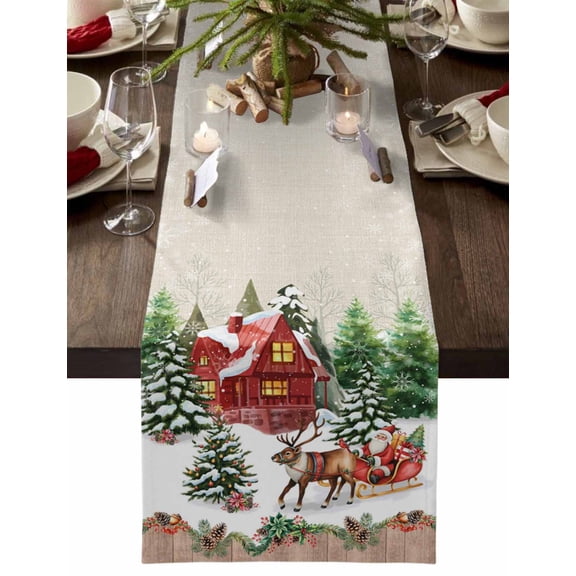 Table Runner Dresser Scarves 48 Inch Long,Santa Claus Reindeer Sled Cottage Linen Dining Table Runners