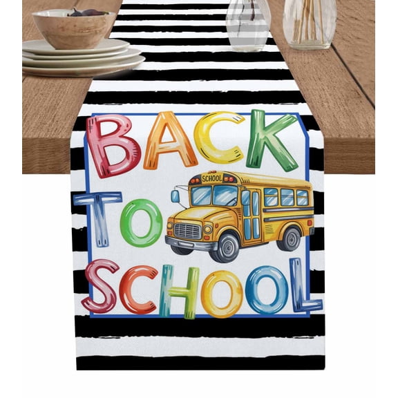 Table Runner Dresser Scarves 48 Inch Long,School Season Yellow Bus Linen Dining Table Runners Black White Stripes Tabletop Scarf for Wedding Holiday Party Kitchen