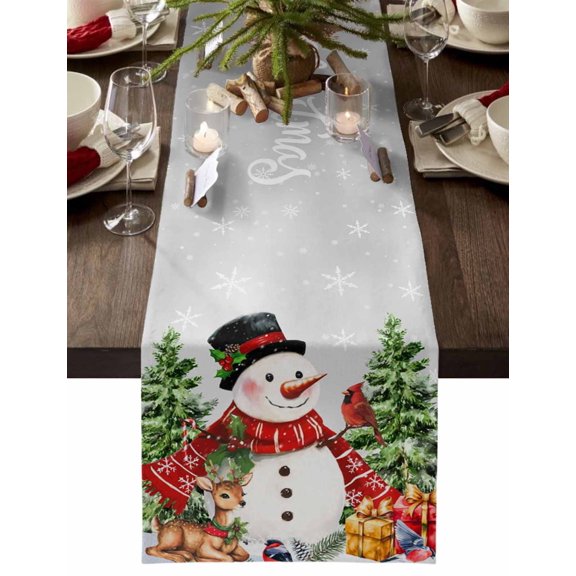 Table Runner Dresser Scarves 48 Inch Long,Snowman on Gray Background Linen Dining Table Runners