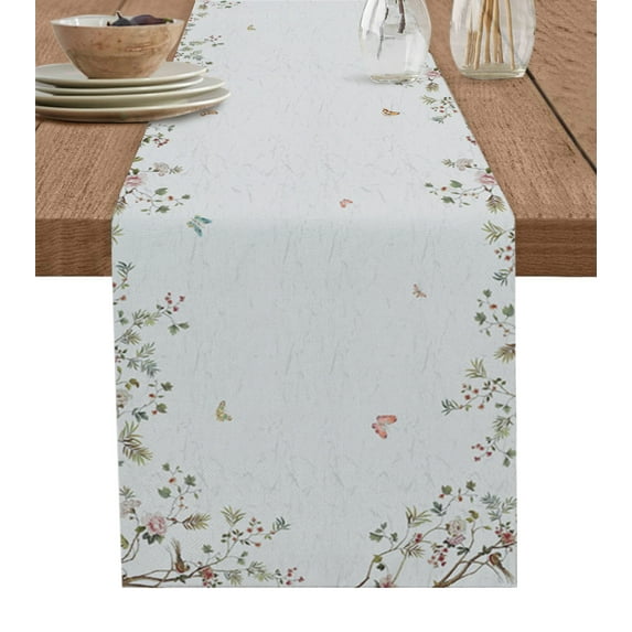 Table Runner Dresser Scarves 48 Inch Long, Spring Garden Flower Plants Art Linen Dining Table Runners Retro Butterfly with Floral Tree Tabletop Scarf for Wedding Holiday Party Kitchen
