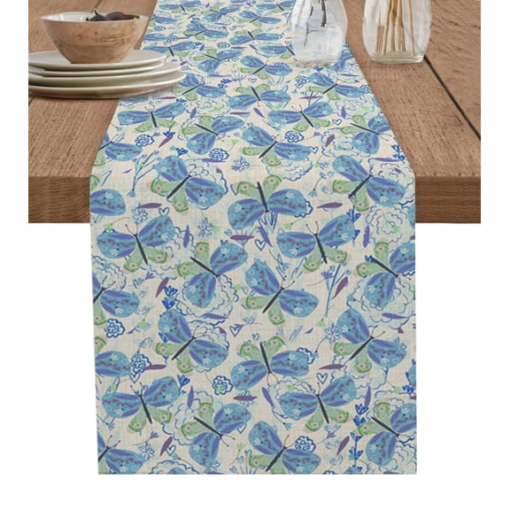 Table Runner Dresser Scarves 48 Inch Long, Spring Watercolor Abstract Butterfly Linen Dining Table Runners Blue Green Insect on Cotton Burlap Tabletop Scarf for Wedding Holiday Party Kitchen