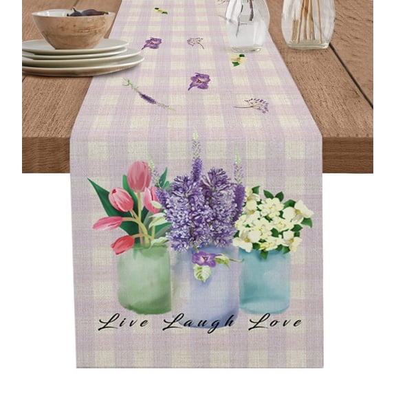 Table Runner Dresser Scarves 48 Inch Long, Spring Watercolor Blossom Flower Linen Dining Table Runners Purple Checker Lattice on Linen Tabletop Scarf for Wedding Holiday Party Kitchen