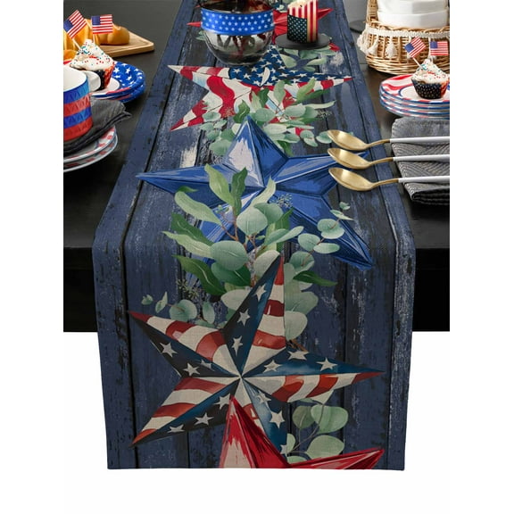 Table Runner Dresser Scarves 48 Inch Long,Stars with American Flag on Wood Linen Dining Table Runners Retro Watercolor Eucalyptus Leaf Tabletop Scarf for Wedding Holiday Party Kitchen