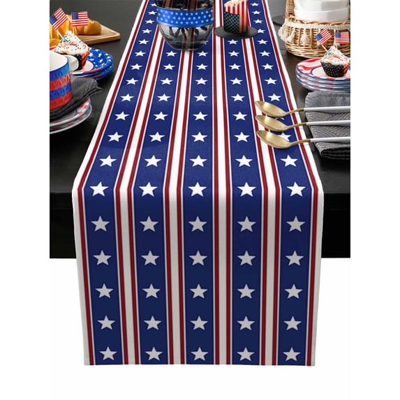 Table Runner Dresser Scarves 48 Inch Long,USA 4th July Star on Blue Linen Dining Table Runners Patriotic Geometric Red White Stripe Tabletop Scarf for Wedding Holiday Party Kitchen