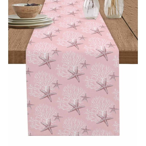 Table Runner Dresser Scarves 48 Inch Long,Underwater Ocean Seamless Starfish Coral Linen Dining Table Runners Watercolor Marine Life on Pink Tabletop Scarf for Wedding Holiday Party Kitchen