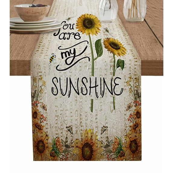 Table Runner Dresser Scarves 48 Inch Long, Vinatge Sunflower Print Linen Dining Table Runners Farm Retro Newspapers Tabletop Scarf for Wedding Holiday Party Kitchen