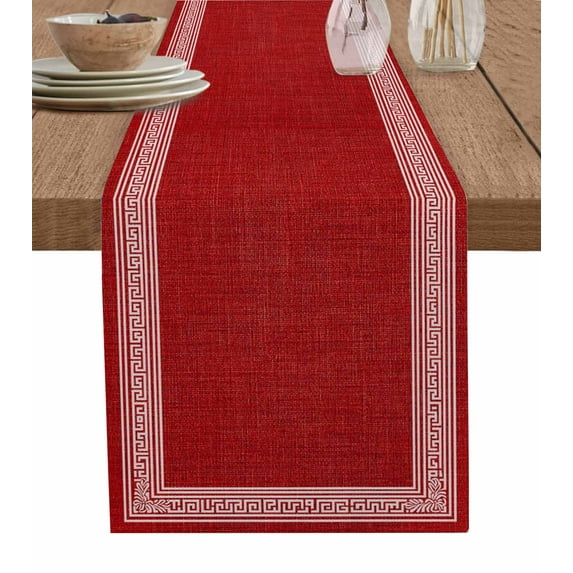 Table Runner Dresser Scarves 48 Inch Long,Vintage Red Linen Twist Pattern Linen Dining Table Runners Chinese Key Design Tabletop Scarf for Wedding Holiday Party Kitchen
