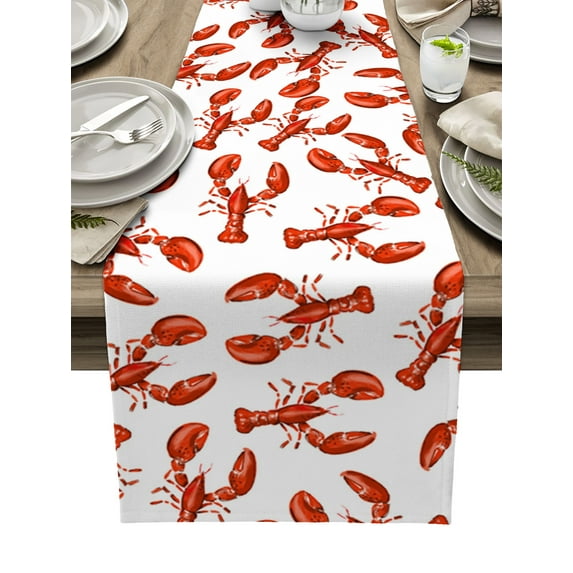 Table Runner Dresser Scarves 48 Inch Long, Vintage Red Lobster Marine Life Linen Dining Table Runners Nautical Ocean Animal White Tabletop Scarf for Wedding Holiday Party Kitchen
