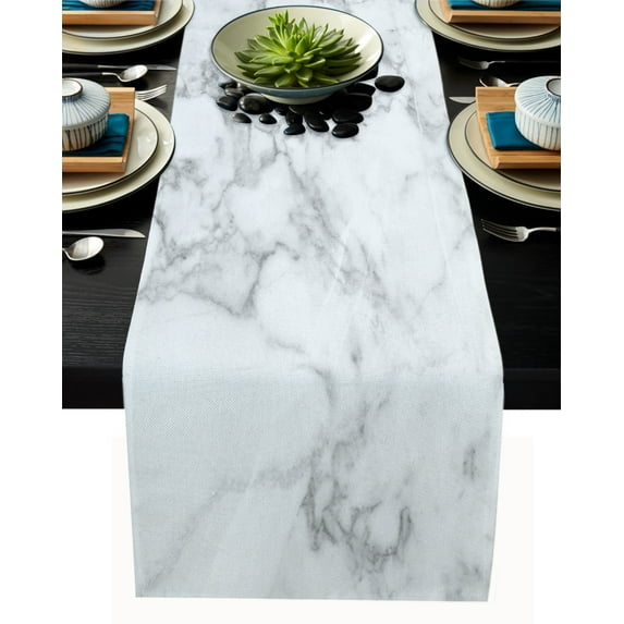 Table Runner Dresser Scarves 48 Inch Long, White and Grey Marble Stone Texture Linen Dining Table Runners Natural Cracks Granite Tabletop Scarf for Wedding Holiday Party Kitchen