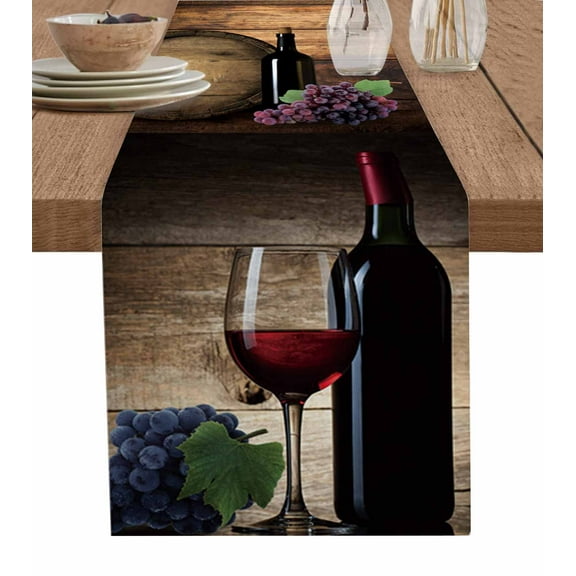 Table Runner Dresser Scarves 48 Inch Long, Wine Grape Glass and Barrel Linen Dining Table Runners Vintage Wooden Board Tabletop Scarf for Wedding Holiday Party Kitchen
